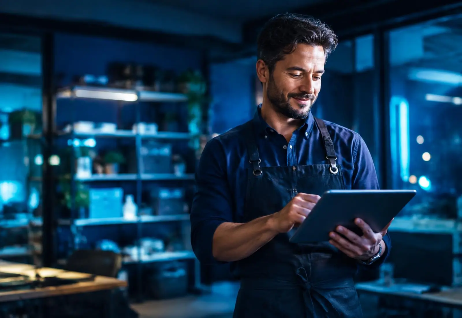 Business owner reviewing his company's finances on a tablet